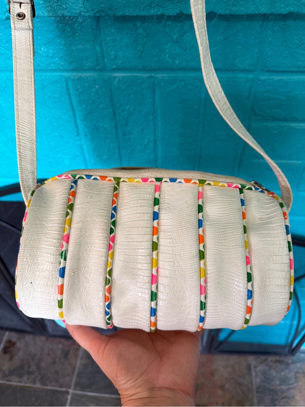 White Textured Crossbody Bag with Multicolor Trim